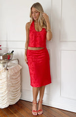Vanessa Red Floral Print Satin Midi Skirt