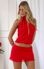 Harriet Red Chiffon Key Hole Halter Neck Top