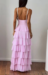 Felicity Pink Pearl Strap Ruffle Maxi Dress