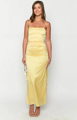 Yellow Bloom Satin Strapless Maxi Dress