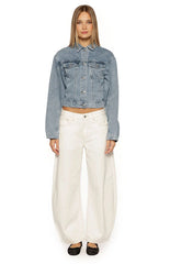 Elana Mid Wash Cinched Waist Denim Jacket
