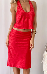Vanessa Red Floral Print Satin Midi Skirt