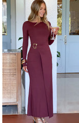 Misaki Burgundy Long Sleeve Wrap Maxi Dress