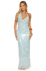 Baron Light Blue Sequin Cowl Maxi Dress