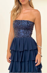 Kimberley Navy Sequin Strapless Ruffle Maxi Dress